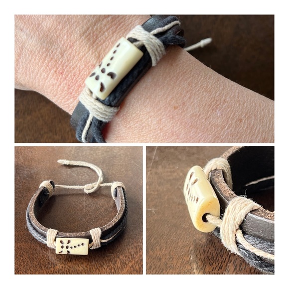 leather bracelet dragonfly on bovine bone OOAK handmade artisan boho unisex - Picture 1 of 12